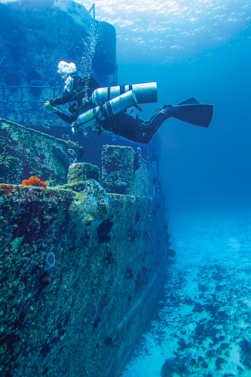 a diver checking a sunken ship